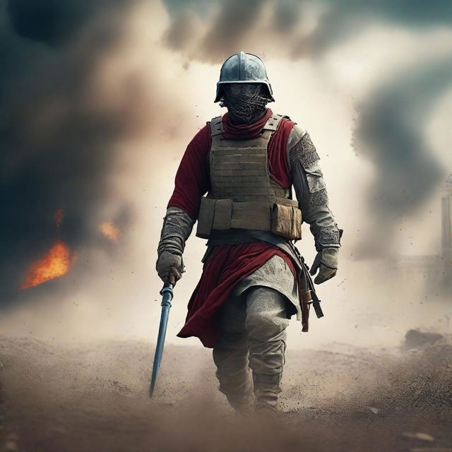 Create a cinematic scene of a soldier of Christ in battle gear in the middle of a field of battle against Athens