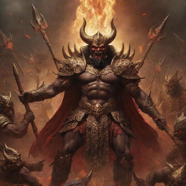 The 10-headed demon king, Ravan, engaged in battle, brandishing a golden mace, his fearsome red eyes glowing, set in a chaotic battleground full of arrows and warriors.