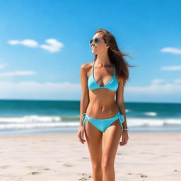 A person wearing a bikini at the beach, enjoying a sunny day with clear blue skies and gentle waves in the background