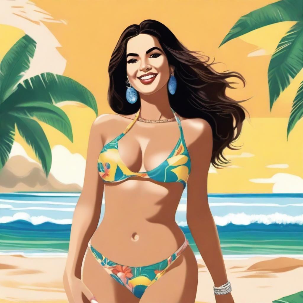 A depiction of the singer Rosalía wearing a stylish bikini, set against a sunny beach backdrop