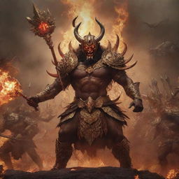 The 10-headed demon king, Ravan, engaged in battle, brandishing a golden mace, his fearsome red eyes glowing, set in a chaotic battleground full of arrows and warriors.