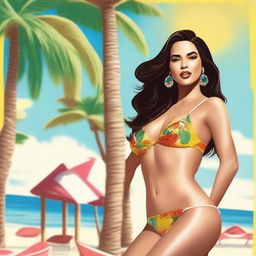 A depiction of the singer Rosalía wearing a stylish bikini, set against a sunny beach backdrop