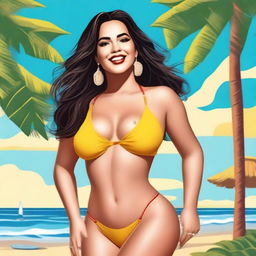 A depiction of the singer Rosalía wearing a stylish bikini, set against a sunny beach backdrop