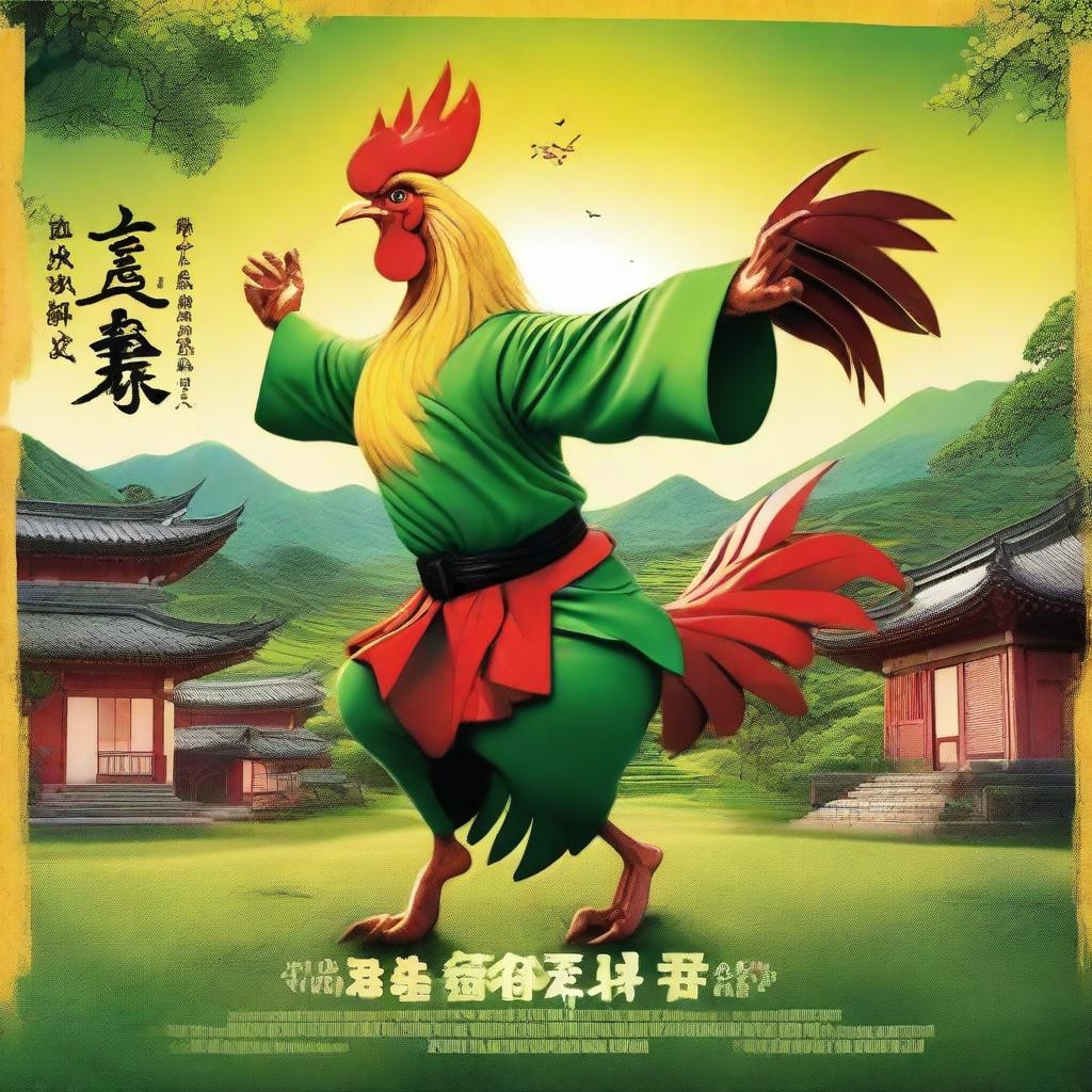 A vibrant and dynamic movie poster featuring a kung fu rooster in a picturesque countryside setting