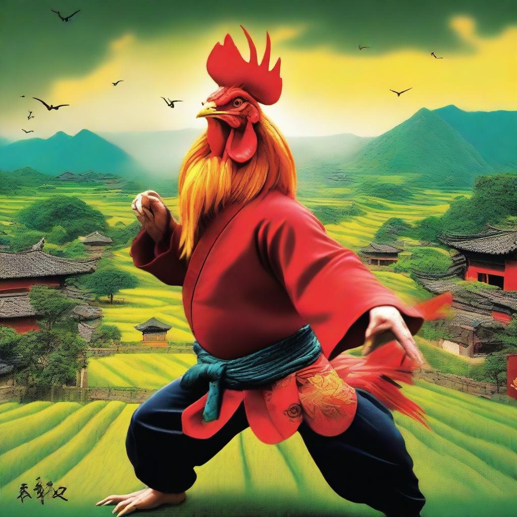 A vibrant and dynamic movie poster featuring a kung fu rooster in a picturesque countryside setting