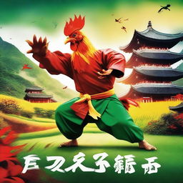 A vibrant and dynamic movie poster featuring a kung fu rooster in a picturesque countryside setting