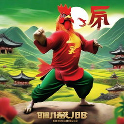 A vibrant and dynamic movie poster featuring a kung fu rooster in a picturesque countryside setting