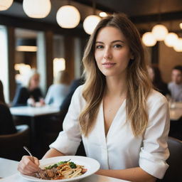 A stylish girl enjoying a meal at a bustling, modern restaurant