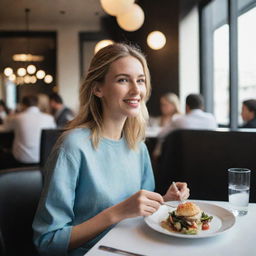 A stylish girl enjoying a meal at a bustling, modern restaurant