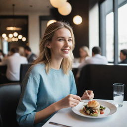 A stylish girl enjoying a meal at a bustling, modern restaurant