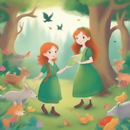 Illustration of Anna and Merry, two adventurous characters, in a charming and whimsical storybook setting