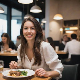 A stylish girl enjoying a meal at a bustling, modern restaurant