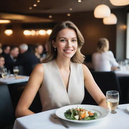 A stylish girl enjoying a meal at a bustling, modern restaurant