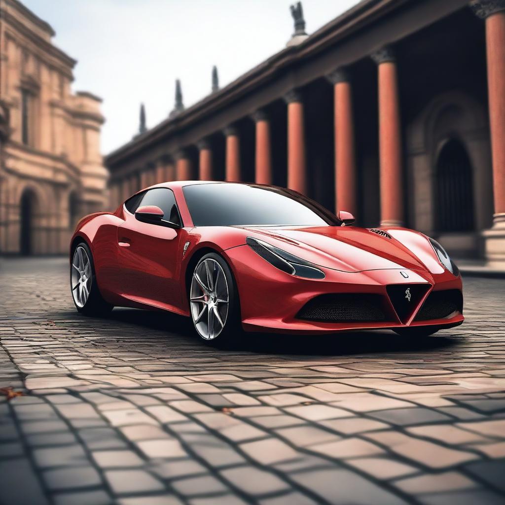 Create an image of a unique car that is a cross between an Alfa Romeo and a Ferrari