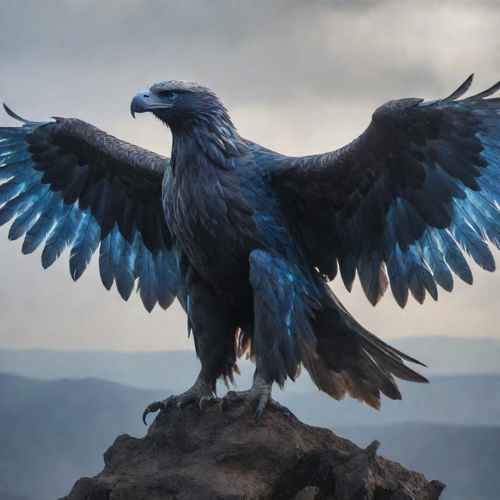 A spectral giant eagle encased in ghostly armor, emitting eerie blue flames from its eyes, surveying the lands below from its lofty height in the sky.