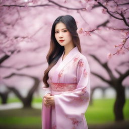 A beautiful Asian woman with long flowing hair, wearing a traditional elegant dress, standing in a serene garden with cherry blossom trees in full bloom