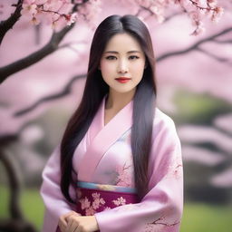 A beautiful Asian woman with long flowing hair, wearing a traditional elegant dress, standing in a serene garden with cherry blossom trees in full bloom