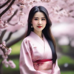 A beautiful Asian woman with long flowing hair, wearing a traditional elegant dress, standing in a serene garden with cherry blossom trees in full bloom