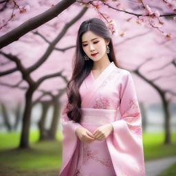 A beautiful Asian woman with long flowing hair, wearing a traditional elegant dress, standing in a serene garden with cherry blossom trees in full bloom