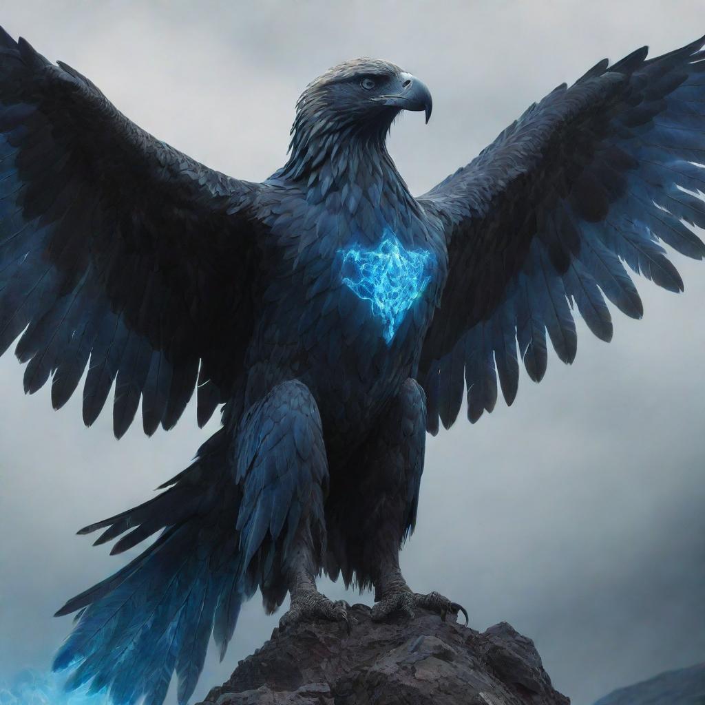 A spectral giant eagle encased in ghostly armor, emitting eerie blue flames from its eyes, surveying the lands below from its lofty height in the sky.