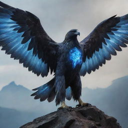 A spectral giant eagle encased in ghostly armor, emitting eerie blue flames from its eyes, surveying the lands below from its lofty height in the sky.