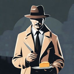 Create a front cover for a book featuring a detective holding a cheese knife