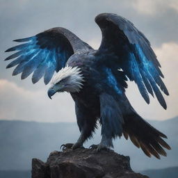 A spectral giant eagle encased in ghostly armor, emitting eerie blue flames from its eyes, surveying the lands below from its lofty height in the sky.