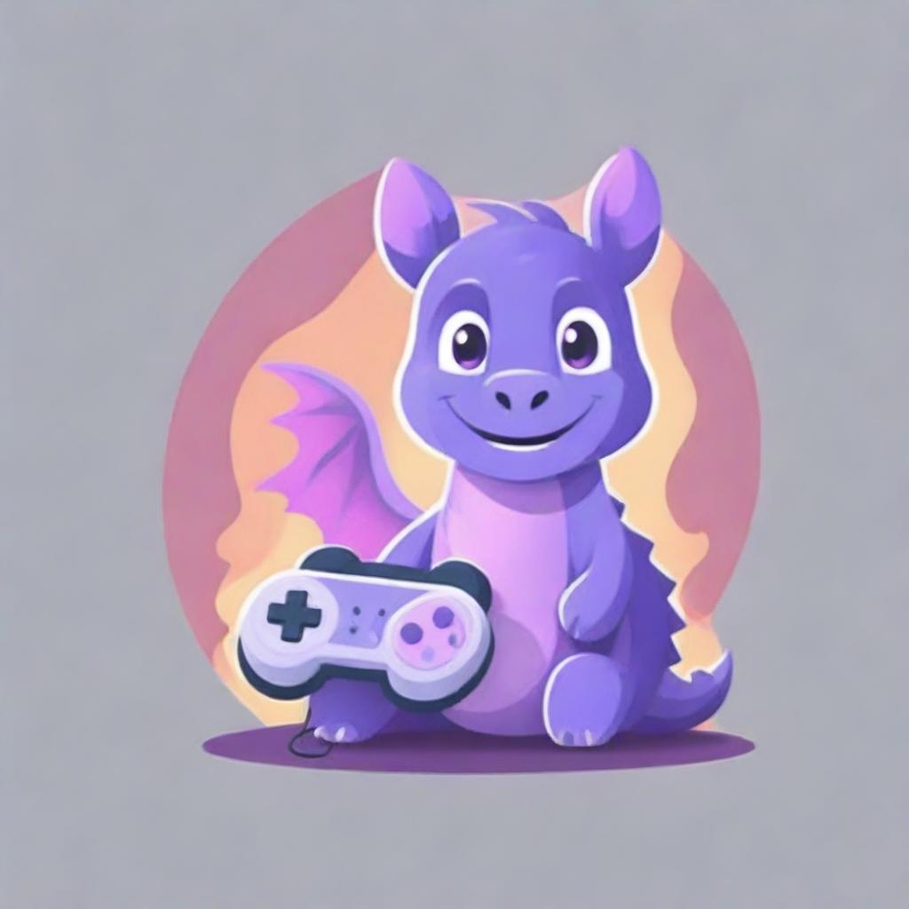 A cute, funny, purple dragon with a game controller and headphones, set against a fiery background, for a YouTube channel logo.