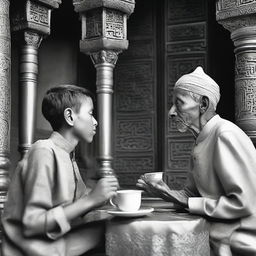 In a cozy tea shop, a young boy sits wide-eyed and curious, sipping ginger tea while admiring the ornate details of a temple or mosque