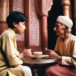 In a cozy tea shop, a young boy sits wide-eyed and curious, sipping ginger tea while admiring the ornate details of a temple or mosque