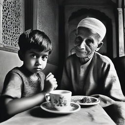 In a cozy tea shop, a young boy sits wide-eyed and curious, sipping ginger tea while admiring the ornate details of a temple or mosque