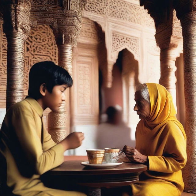 In a cozy tea shop, a young boy sits wide-eyed and curious, sipping ginger tea while admiring the ornate details of a temple or mosque