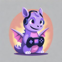 A cute, funny, purple dragon with a game controller and headphones, set against a fiery background, for a YouTube channel logo.