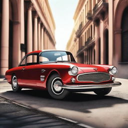 Create an image of a car that is a hybrid between an Alfa Romeo and a 57 Chevy