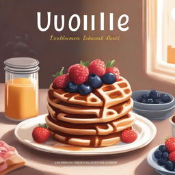 A beautifully illustrated cover for a cookbook titled 'Waffle Cookbook'