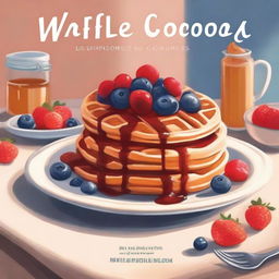 A beautifully illustrated cover for a cookbook titled 'Waffle Cookbook'