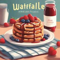 A beautifully illustrated cover for a cookbook titled 'Waffle Cookbook'