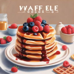 A beautifully illustrated cover for a cookbook titled 'Waffle Cookbook'