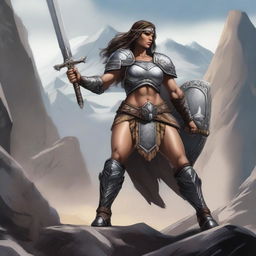 A female goliath warrior with grey skin, dressed in imposing male armor, wielding a large mace