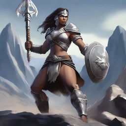 A female goliath warrior with grey skin, dressed in imposing male armor, wielding a large mace