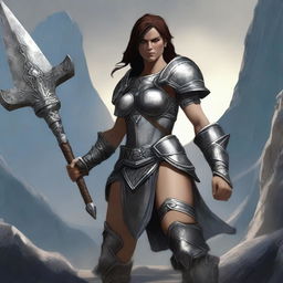 A female goliath warrior with grey skin, dressed in imposing male armor, wielding a large mace