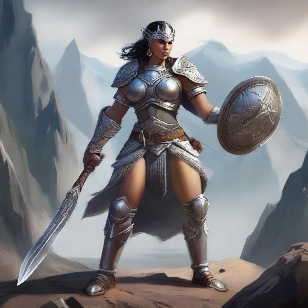 A female goliath warrior with grey skin, dressed in imposing male armor, wielding a large mace