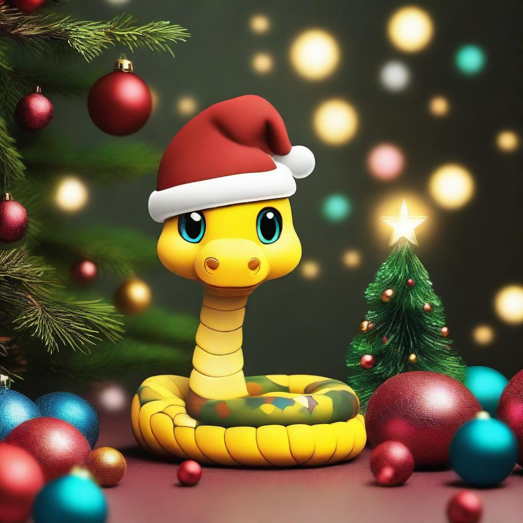 A cute snake wearing a New Year's cap, sitting next to a beautifully decorated Christmas tree with colorful ornaments and twinkling lights