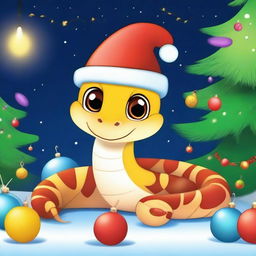 A cute snake wearing a New Year's cap, sitting next to a beautifully decorated Christmas tree with colorful ornaments and twinkling lights