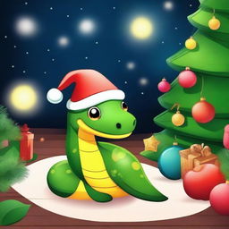 A cute snake wearing a New Year's cap, sitting next to a beautifully decorated Christmas tree with colorful ornaments and twinkling lights