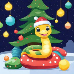 A cute snake wearing a New Year's cap, sitting next to a beautifully decorated Christmas tree with colorful ornaments and twinkling lights