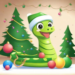 A cute snake wearing a New Year's cap, positioned next to a decorated Christmas tree with colorful ornaments and twinkling flashlights