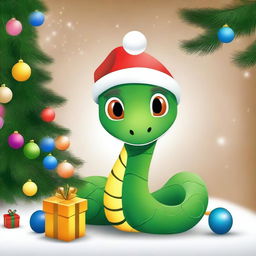 A cute snake wearing a New Year's cap, positioned next to a decorated Christmas tree with colorful ornaments and twinkling flashlights