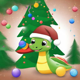 A cute snake wearing a New Year's cap, positioned next to a decorated Christmas tree with colorful ornaments and twinkling flashlights