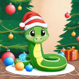 A cute snake wearing a New Year's cap, positioned next to a decorated Christmas tree with colorful ornaments and twinkling flashlights